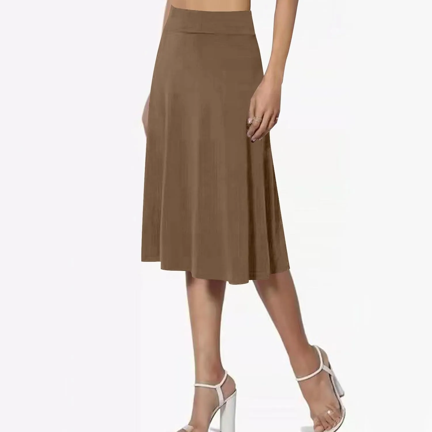 Women's Knee Length Casual Skirts Flared Elastic High Waisted Midi Pleated Flowy A-Line Summer Skirts Solid Color Skirt