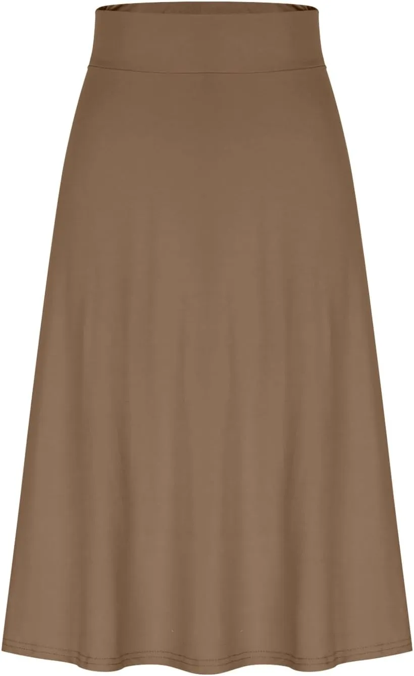 Women's Knee Length Casual Skirts Flared Elastic High Waisted Midi Pleated Flowy A-Line Summer Skirts Solid Color Skirt