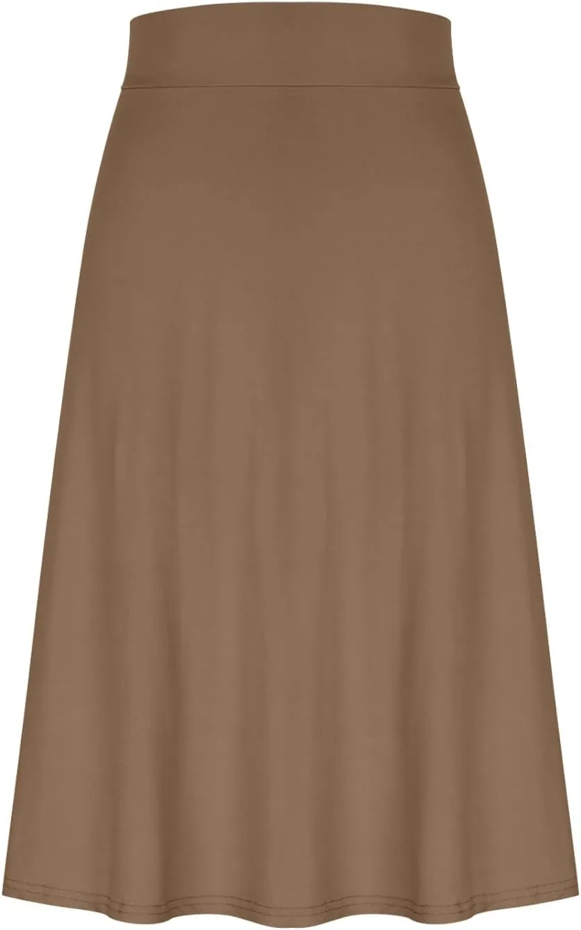 Women's Knee Length Casual Skirts Flared Elastic High Waisted Midi Pleated Flowy A-Line Summer Skirts Solid Color Skirt