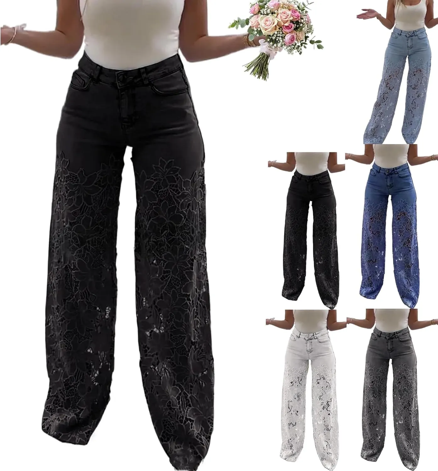 Women's Lace Patchwork Hollow Jeans, Casual Vintage Baggy Straight Wide Leg Denim Pants, Floral Hollow Out Pants
