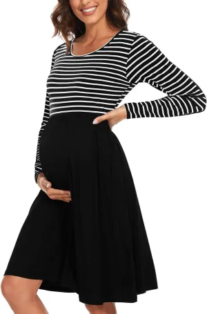 Women's Long Sleeve Maternity Dress with Pockets Patchwork Pregnancy Clothes