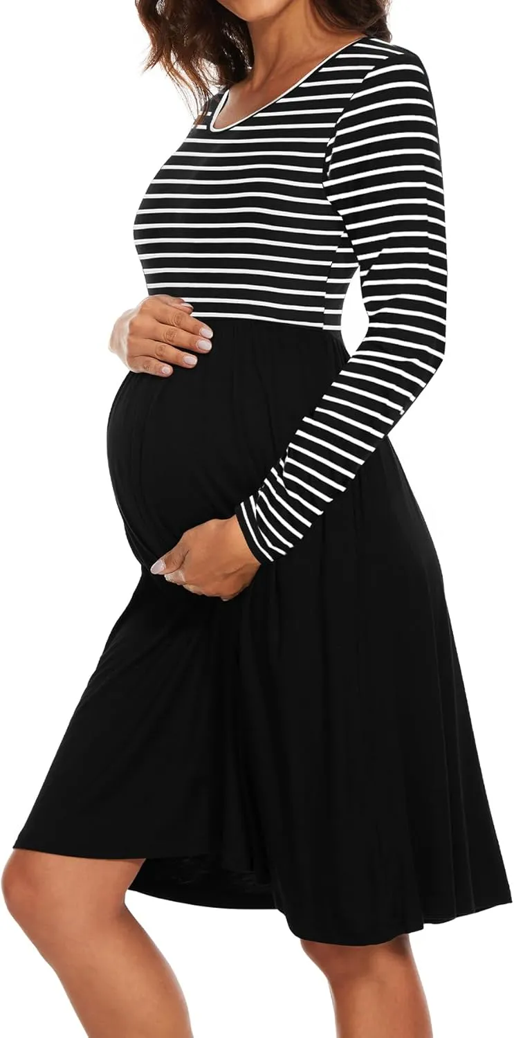 Women's Long Sleeve Maternity Dress with Pockets Patchwork Pregnancy Clothes