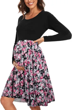 Women's Long Sleeve Maternity Dress with Pockets Patchwork Pregnancy Clothes