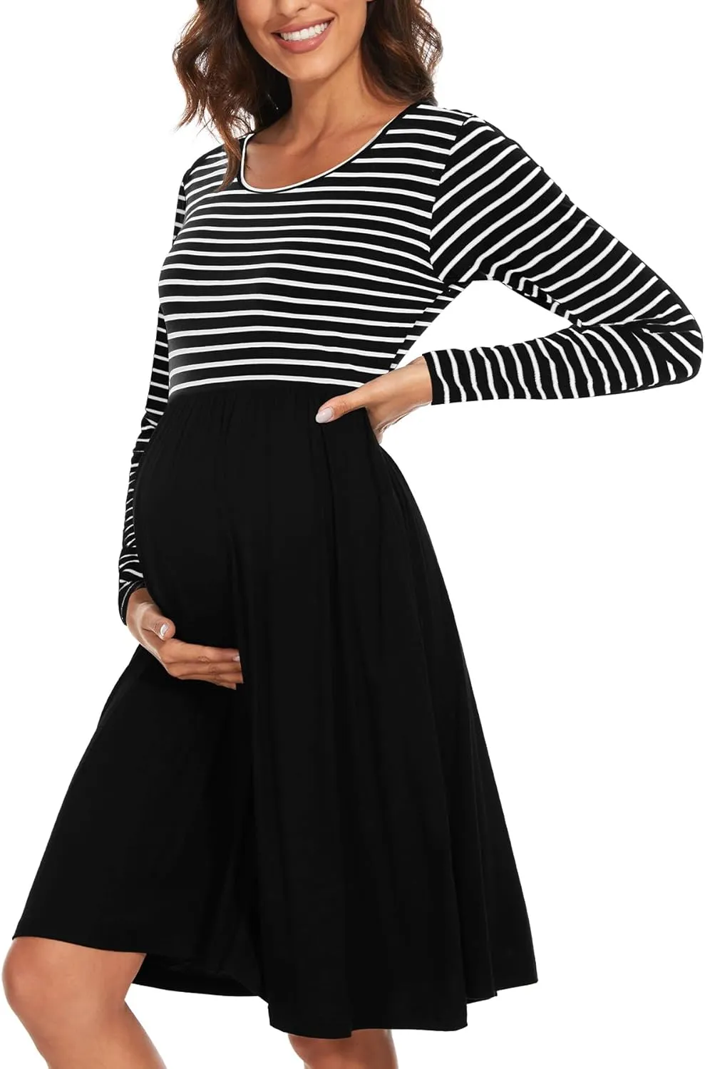 Women's Long Sleeve Maternity Dress with Pockets Patchwork Pregnancy Clothes