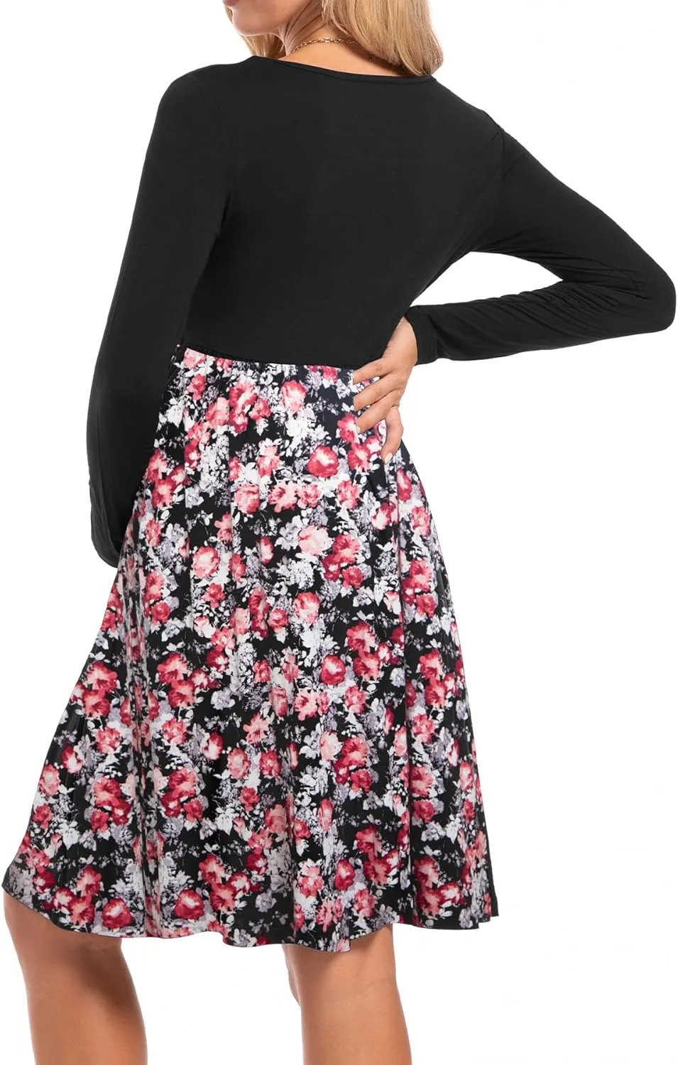 Women's Long Sleeve Maternity Dress with Pockets Patchwork Pregnancy Clothes
