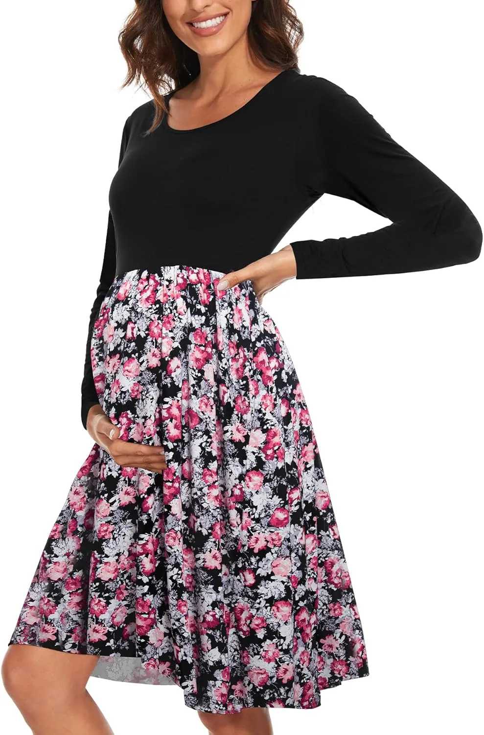 Women's Long Sleeve Maternity Dress with Pockets Patchwork Pregnancy Clothes