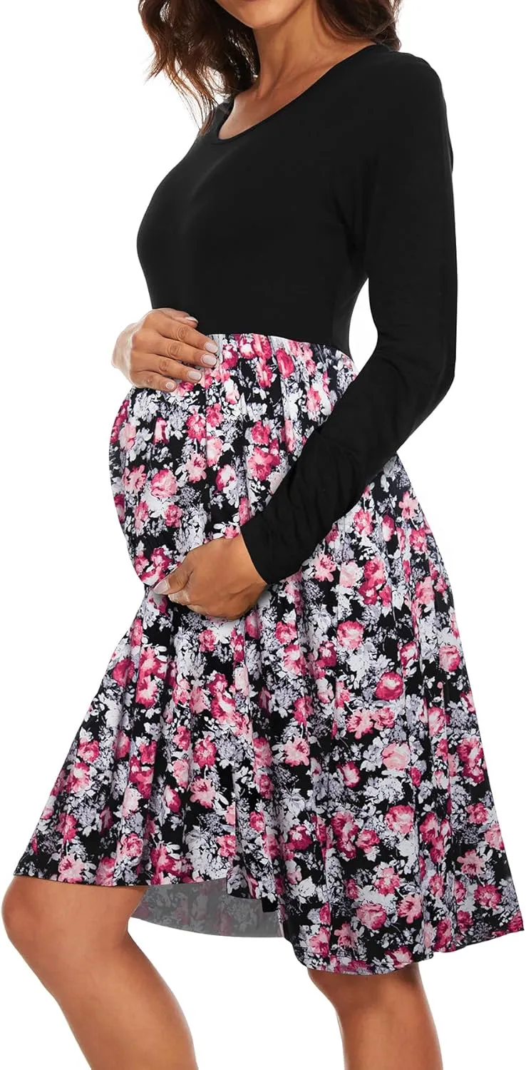 Women's Long Sleeve Maternity Dress with Pockets Patchwork Pregnancy Clothes