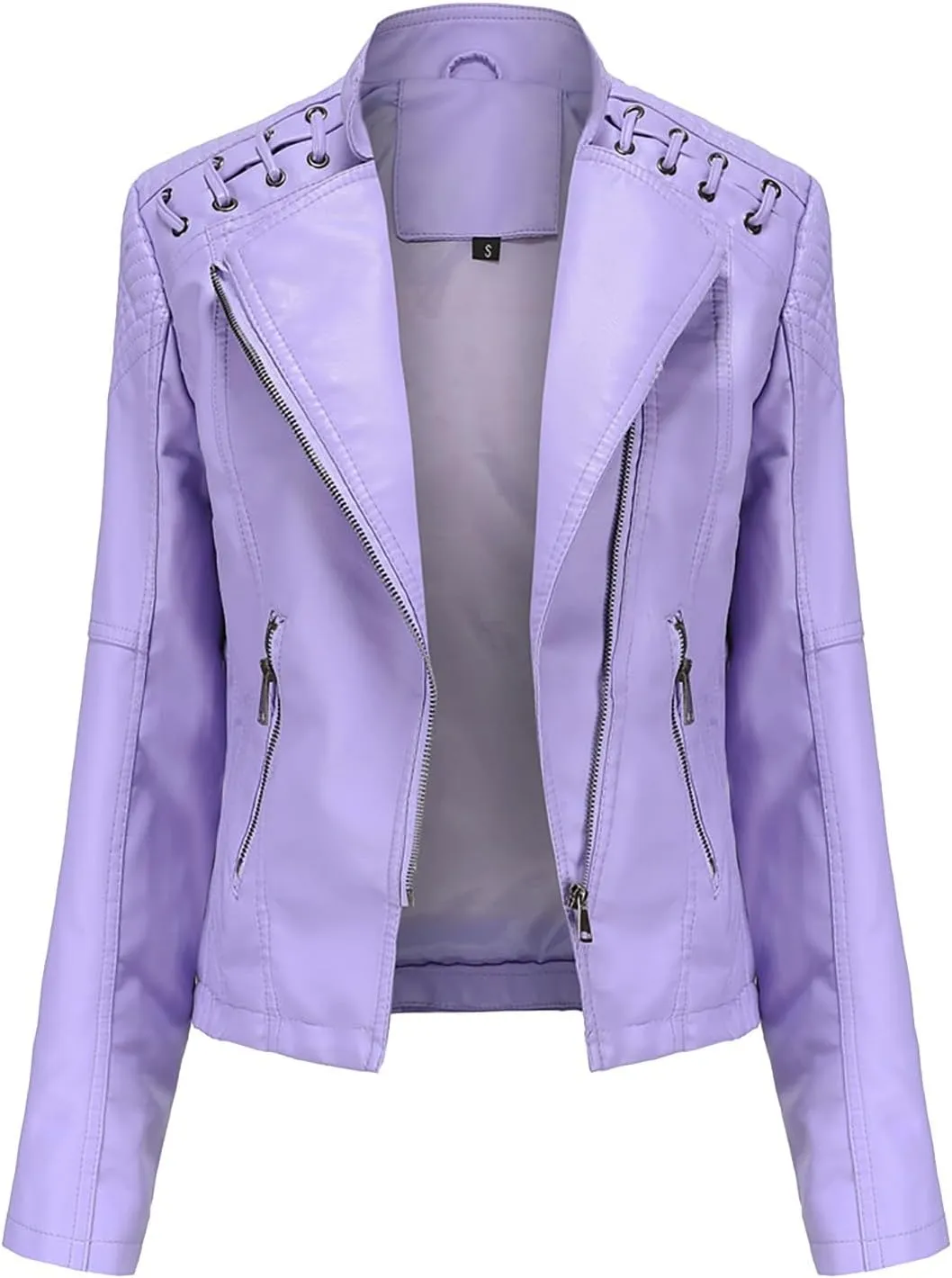 Women's Motorcycle Jacket Plus Size Zip Cropped Faux Leather Jackets Lapel Open Front Short Pleather Suit Bike Coat