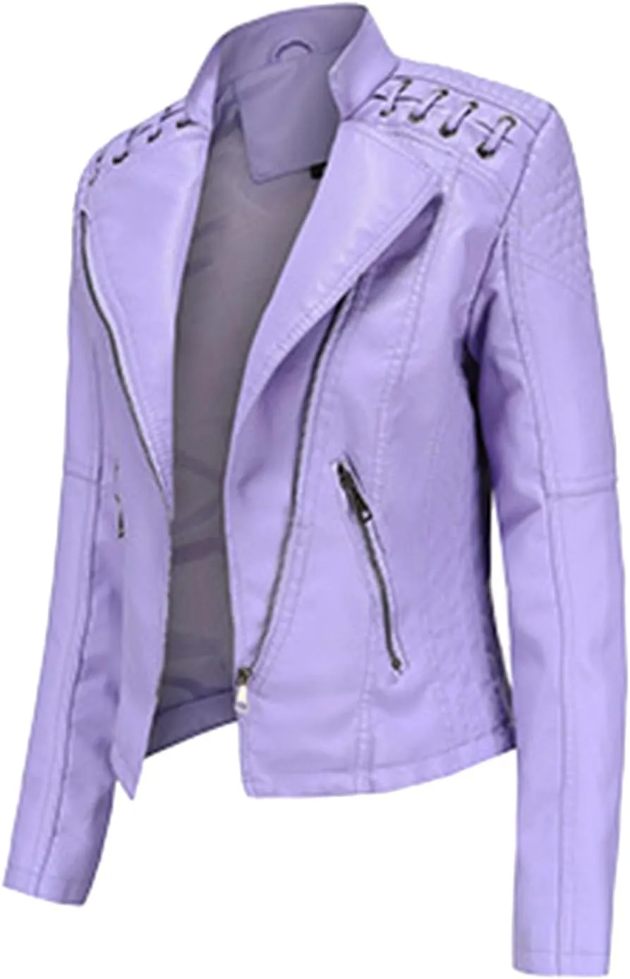 Women's Motorcycle Jacket Plus Size Zip Cropped Faux Leather Jackets Lapel Open Front Short Pleather Suit Bike Coat