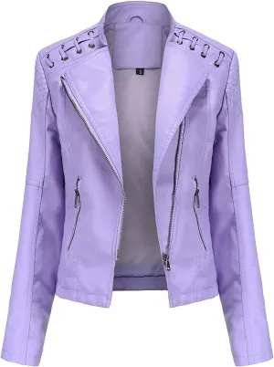 Women's Motorcycle Jacket Plus Size Zip Cropped Faux Leather Jackets Lapel Open Front Short Pleather Suit Bike Coat