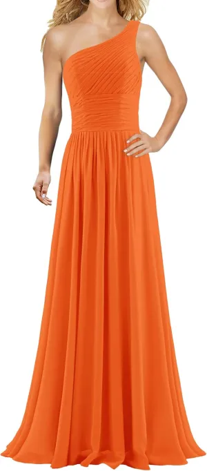 Women's Pleat Chiffon One Shoulder Bridesmaid Dresses Long Evening Dress Formal Wedding Party Dress