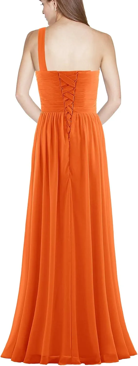 Women's Pleat Chiffon One Shoulder Bridesmaid Dresses Long Evening Dress Formal Wedding Party Dress