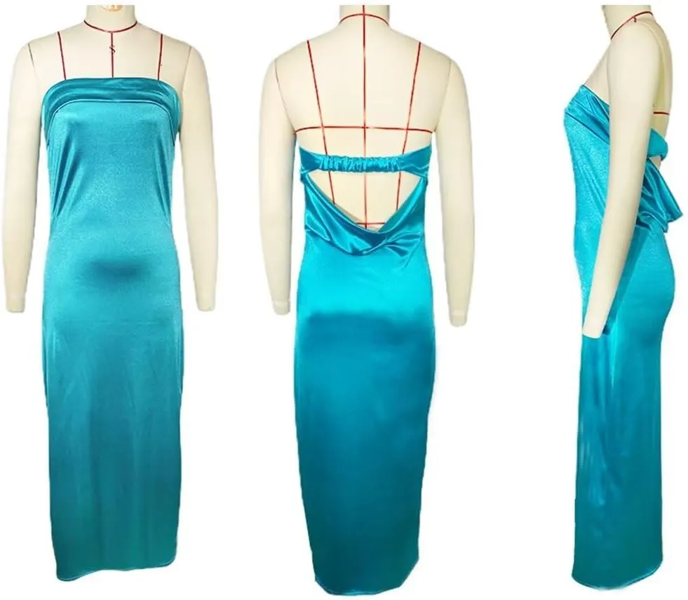 Women's Satin Tube Sexy Backless Formal Wedding Guest Evening Party Maxi Dresses Gala Dress