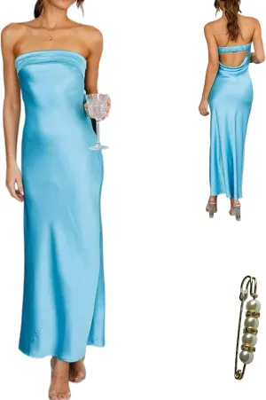 Women's Satin Tube Sexy Backless Formal Wedding Guest Evening Party Maxi Dresses Gala Dress