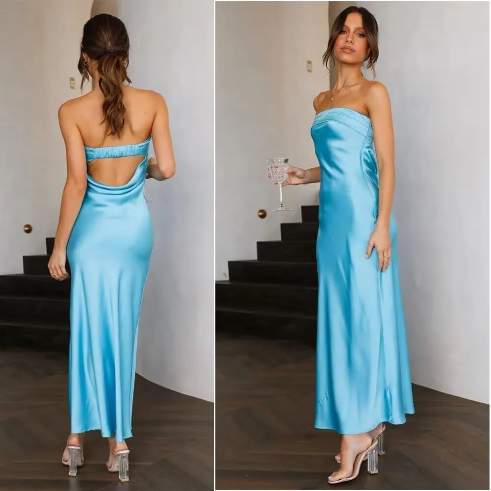 Women's Satin Tube Sexy Backless Formal Wedding Guest Evening Party Maxi Dresses Gala Dress