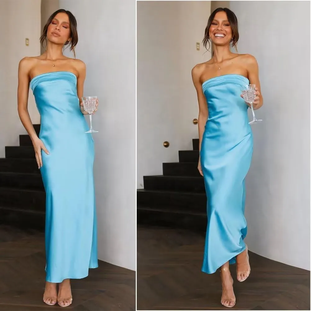 Women's Satin Tube Sexy Backless Formal Wedding Guest Evening Party Maxi Dresses Gala Dress