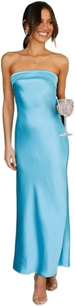 Women's Satin Tube Sexy Backless Formal Wedding Guest Evening Party Maxi Dresses Gala Dress
