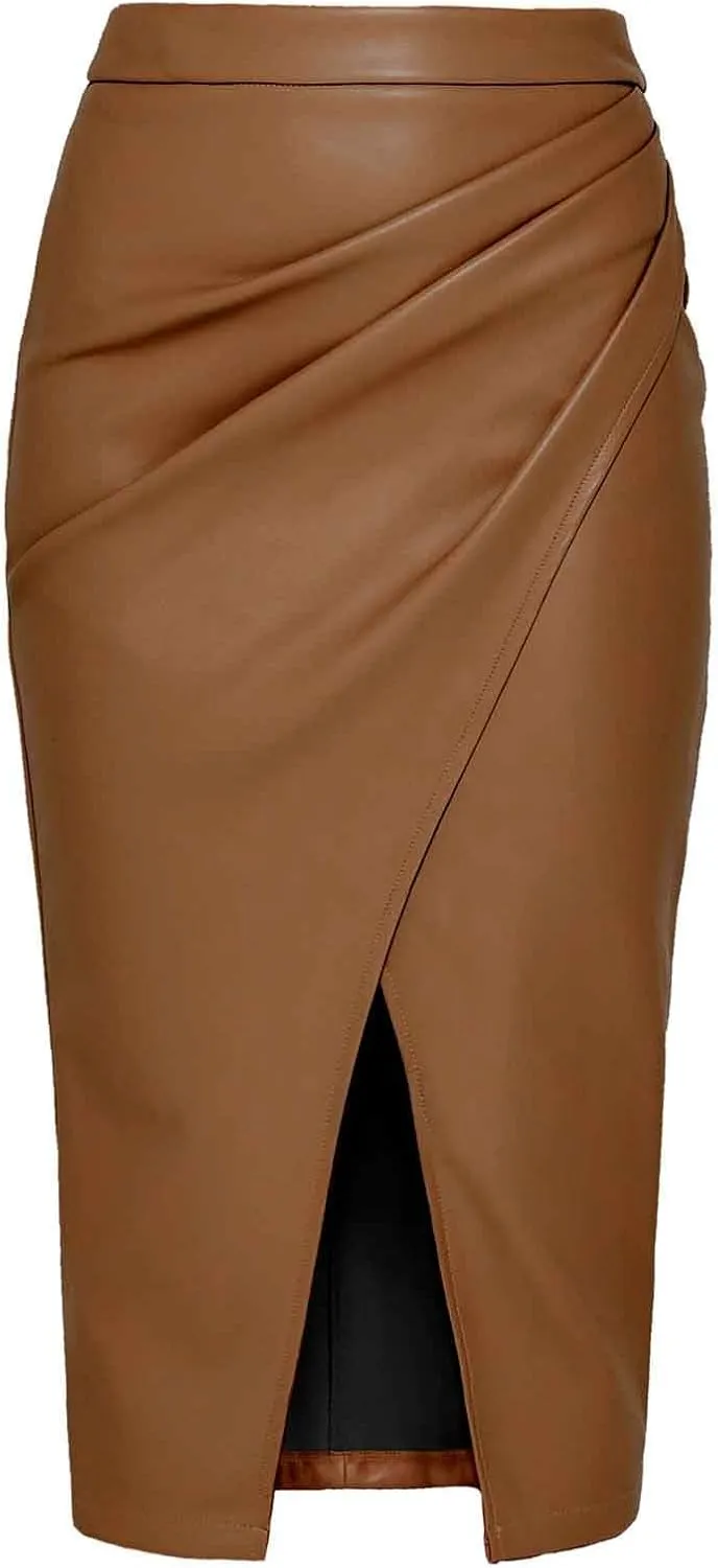 Women's Vintage Faux Leather Midi Skirt High Waisted Wrap Ruched Front Slit Zip Back Bodycon PU Pencil Skirts