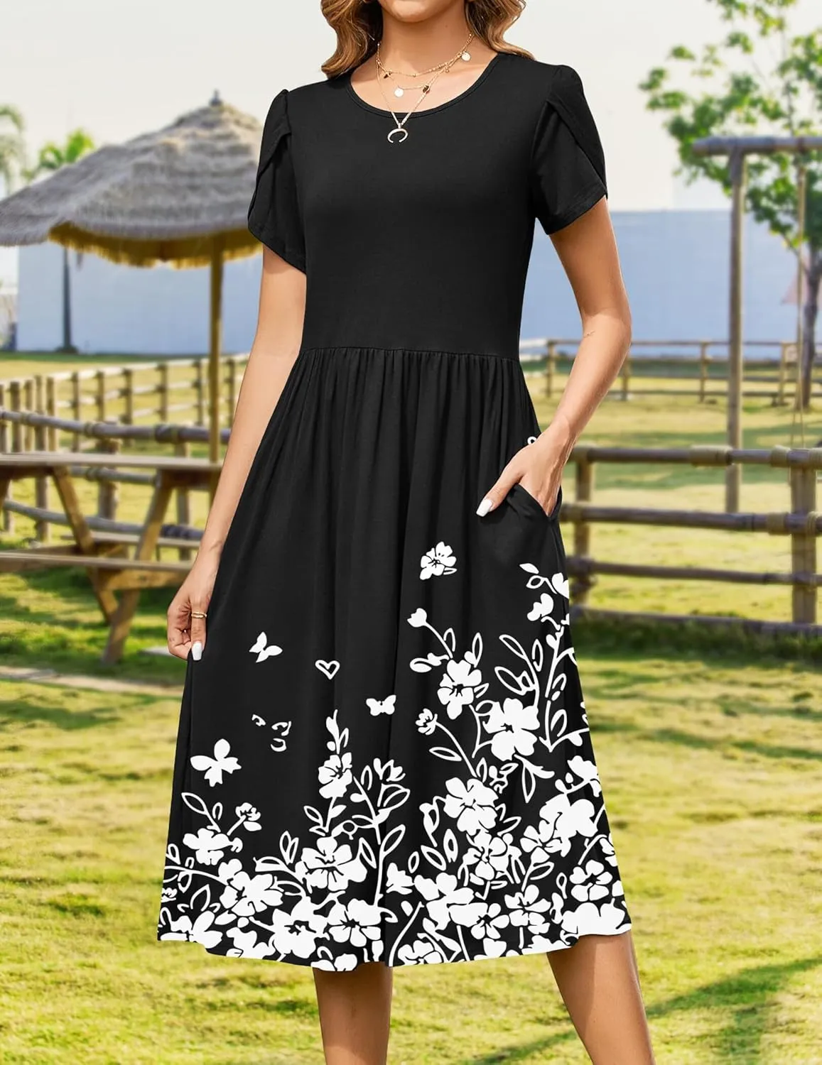 Zeagoo Women Summer Short Sleeve Midi Dress with Pockets Casual Aline Flowy Tshirt Dress Floral Vocation Beach Sundress