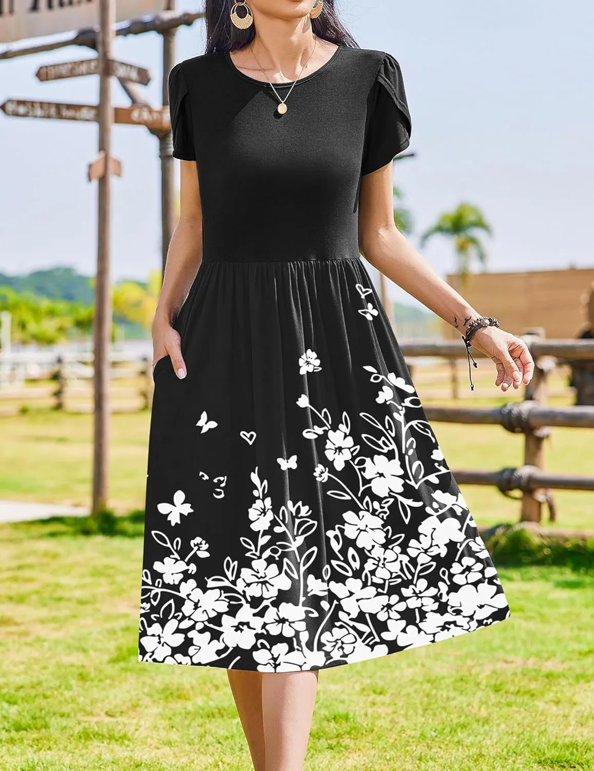 Zeagoo Women Summer Short Sleeve Midi Dress with Pockets Casual Aline Flowy Tshirt Dress Floral Vocation Beach Sundress