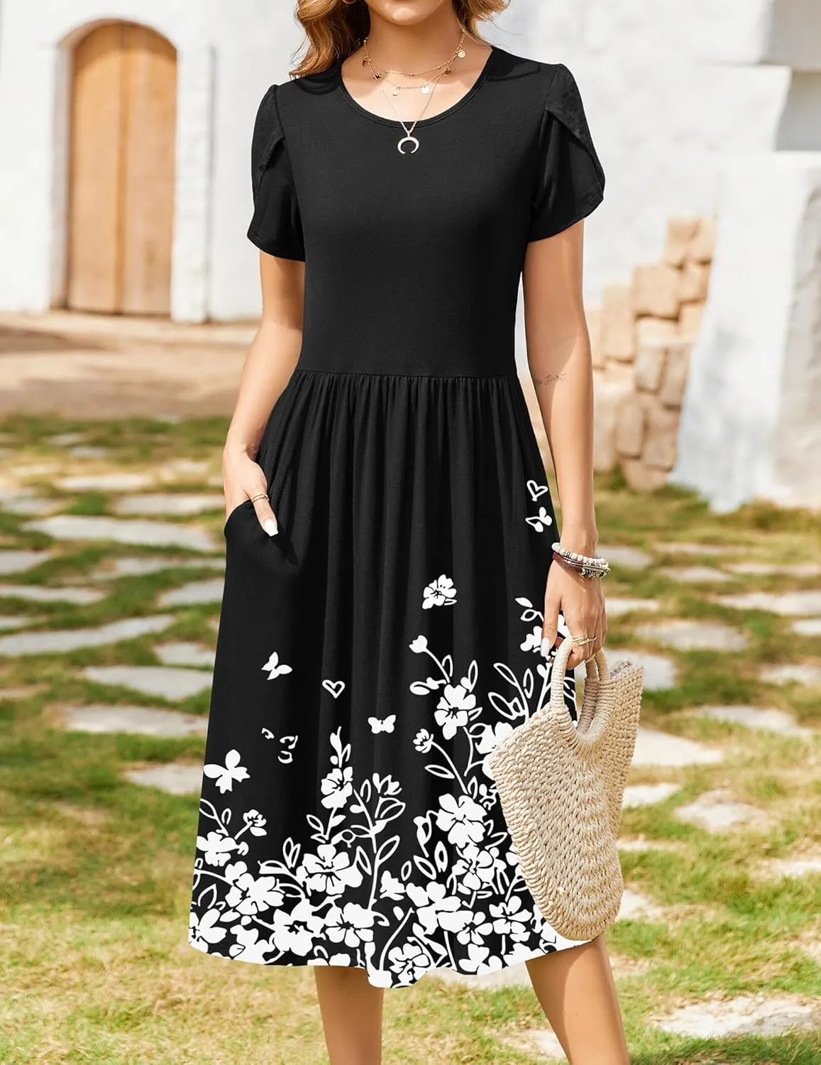 Zeagoo Women Summer Short Sleeve Midi Dress with Pockets Casual Aline Flowy Tshirt Dress Floral Vocation Beach Sundress