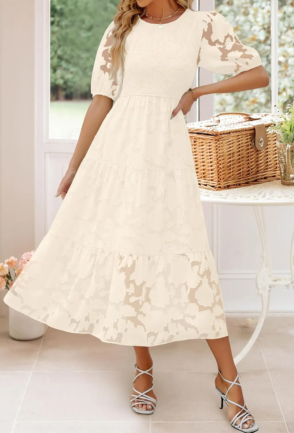 ZESICA Women's 2025 Summer Short Puff Sleeve Crewneck Smocked Floral Lace Flowy A Line Tiered Maxi Dresses