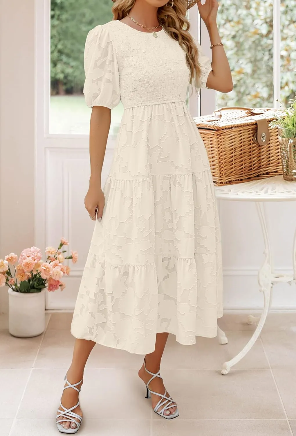 ZESICA Women's 2025 Summer Short Puff Sleeve Crewneck Smocked Floral Lace Flowy A Line Tiered Maxi Dresses