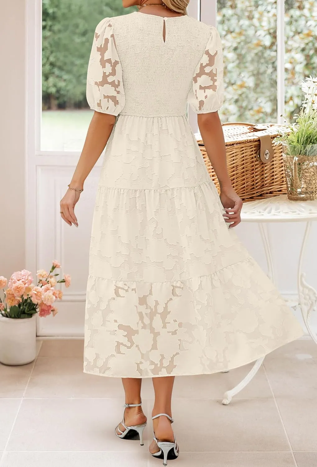 ZESICA Women's 2025 Summer Short Puff Sleeve Crewneck Smocked Floral Lace Flowy A Line Tiered Maxi Dresses