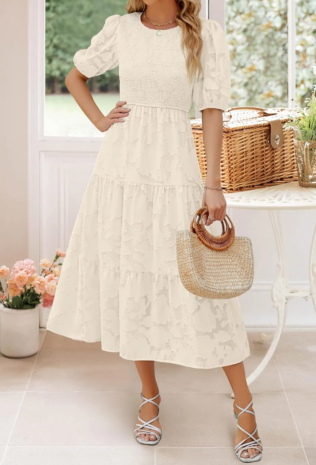 ZESICA Women's 2025 Summer Short Puff Sleeve Crewneck Smocked Floral Lace Flowy A Line Tiered Maxi Dresses