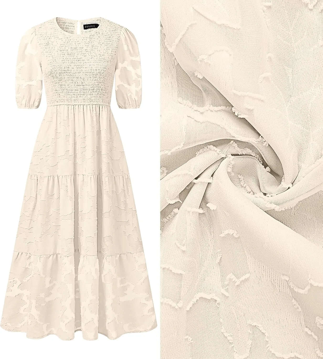 ZESICA Women's 2025 Summer Short Puff Sleeve Crewneck Smocked Floral Lace Flowy A Line Tiered Maxi Dresses