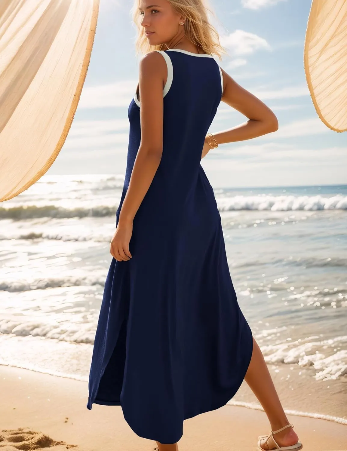 Zilcremo Women's Summer Casual Loose Sundress Long Dress Sleeveless V Neck Split Tshirt Maxi Dresses