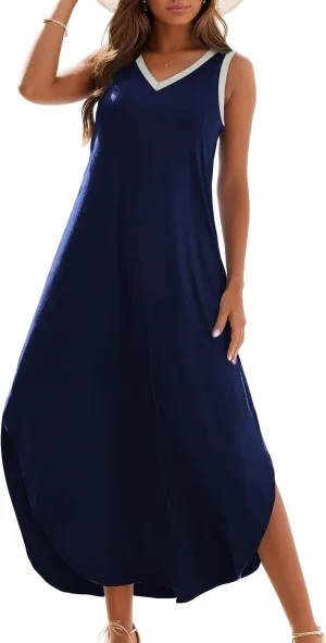 Zilcremo Women's Summer Casual Loose Sundress Long Dress Sleeveless V Neck Split Tshirt Maxi Dresses