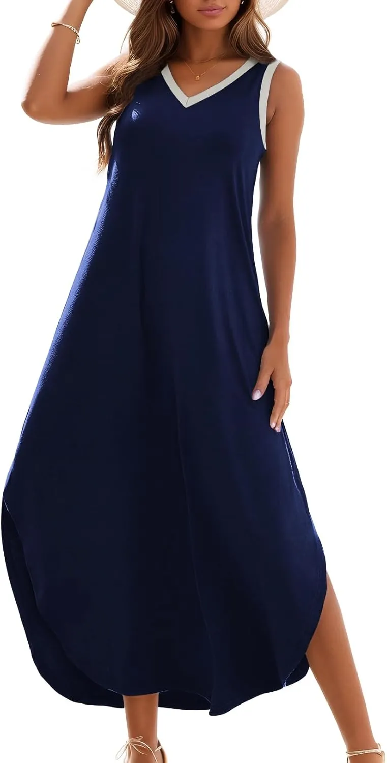 Zilcremo Women's Summer Casual Loose Sundress Long Dress Sleeveless V Neck Split Tshirt Maxi Dresses